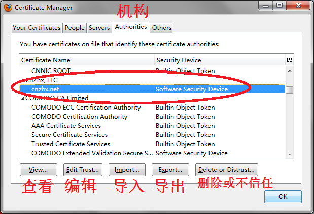 Firefox 内置的证书管理器（Certificates Manager）- 机构（Authorities）标签页