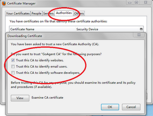 在 Firefox 中将 GoAgent CA 添加到受信任的发布者（发行机构）中