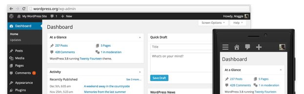 WordPress 3.8 的全新管理后台界面，在大小屏幕中都能很好地显示