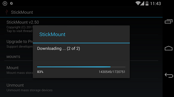 StickMount 首次使用会提示下载安装2个支持文件，后一层图片中能看到 Mount 和 Unmount 操作