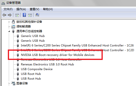 设备管理器中显示的 APX 模式下的 Tablet 是 NVIDIA USB boot recovery dirver for mobile devices