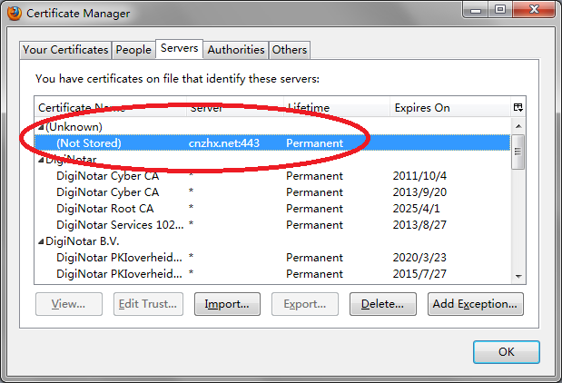 Firefox 内置的证书管理器（Certificates Manager）- 服务器（Server）标签页