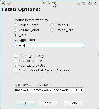 OpenSUSE YaST Partitioner Fstab Options