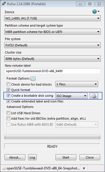 使用 Rufus 烧录 openSUSE Tumbleweed 光盘镜像到 U 盘