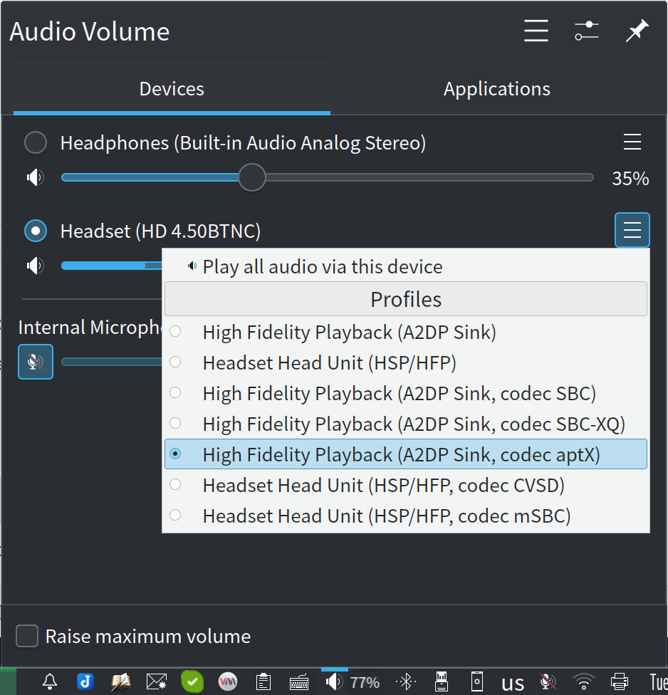 通过KDE 任务栏声音小工具中蓝牙设备快捷菜单更改工作模式
